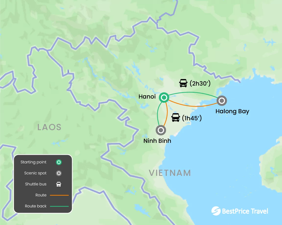 Hanoi – Halong Bay – Hoa Lu - Tam Coc Tour Package 5 days - 4 nights tour map