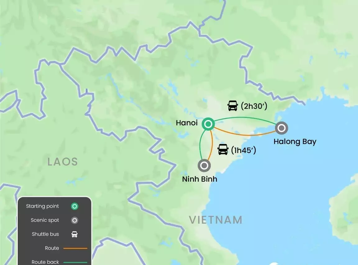 Hanoi – Ninh Binh – Halong Bay Tour Package 5 Days – 4 Nights Trip Map