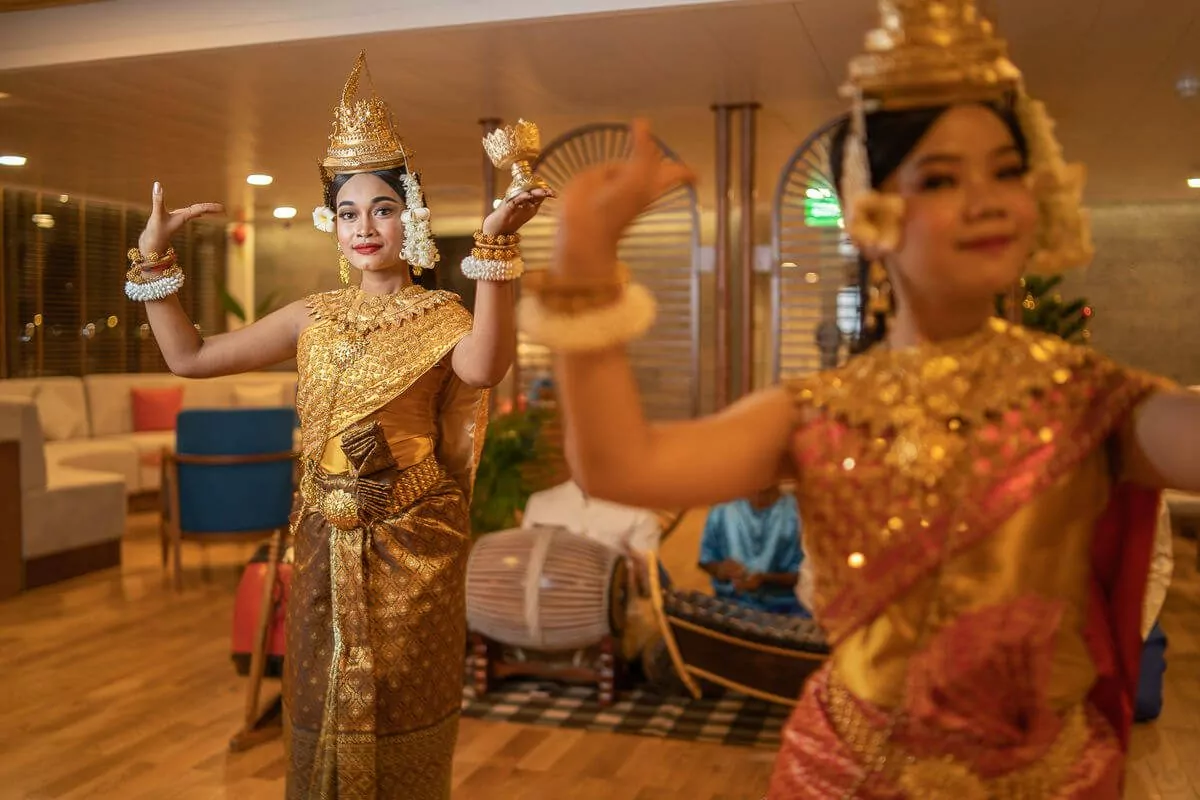 Cambodian Apsara dancers performing for guests on the Victoria Mekong cruise in Phnom Penh