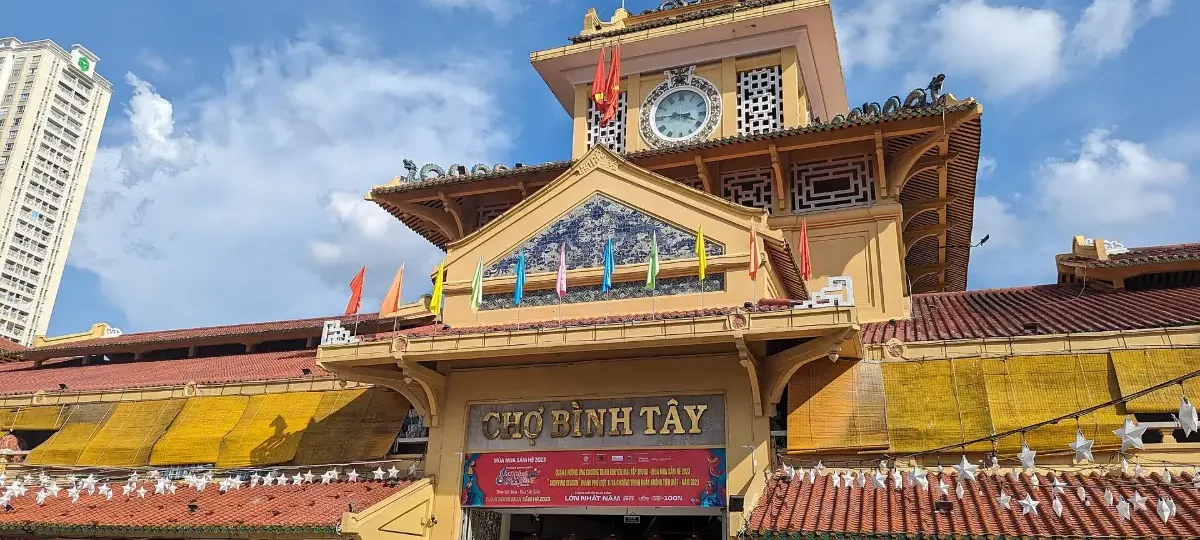 Facade and clock tower of Binh Tay Market in Cholon, Ho Chi Minh City