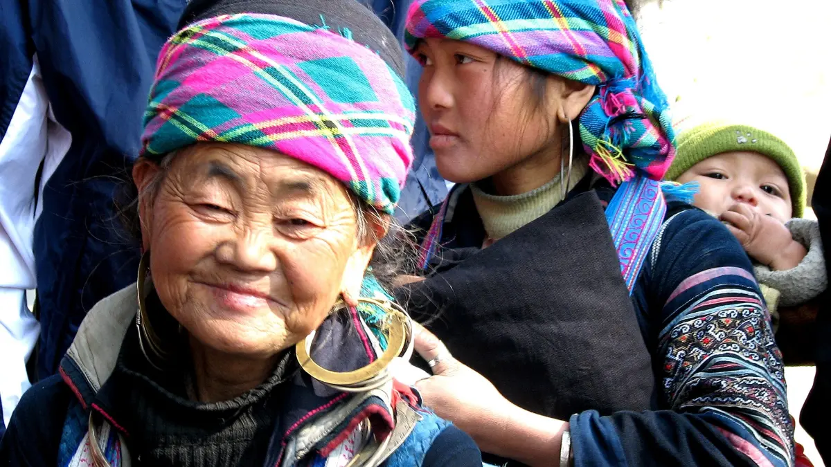 Black Hmong Family, Sapa Black Hmong grandmother and children in traditional dress, Sapa