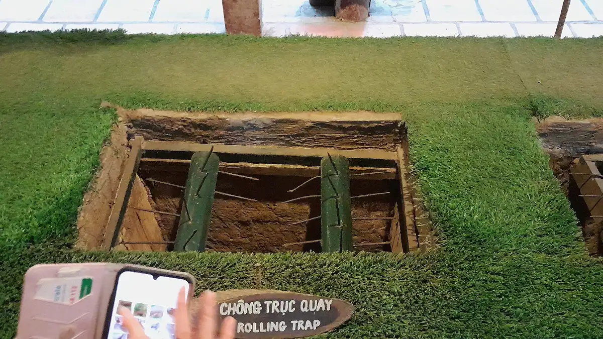 Booby Trap Display, Cu Chi Tunnels Reconstructed bamboo booby trap displayed at the Cu Chi Tunnels