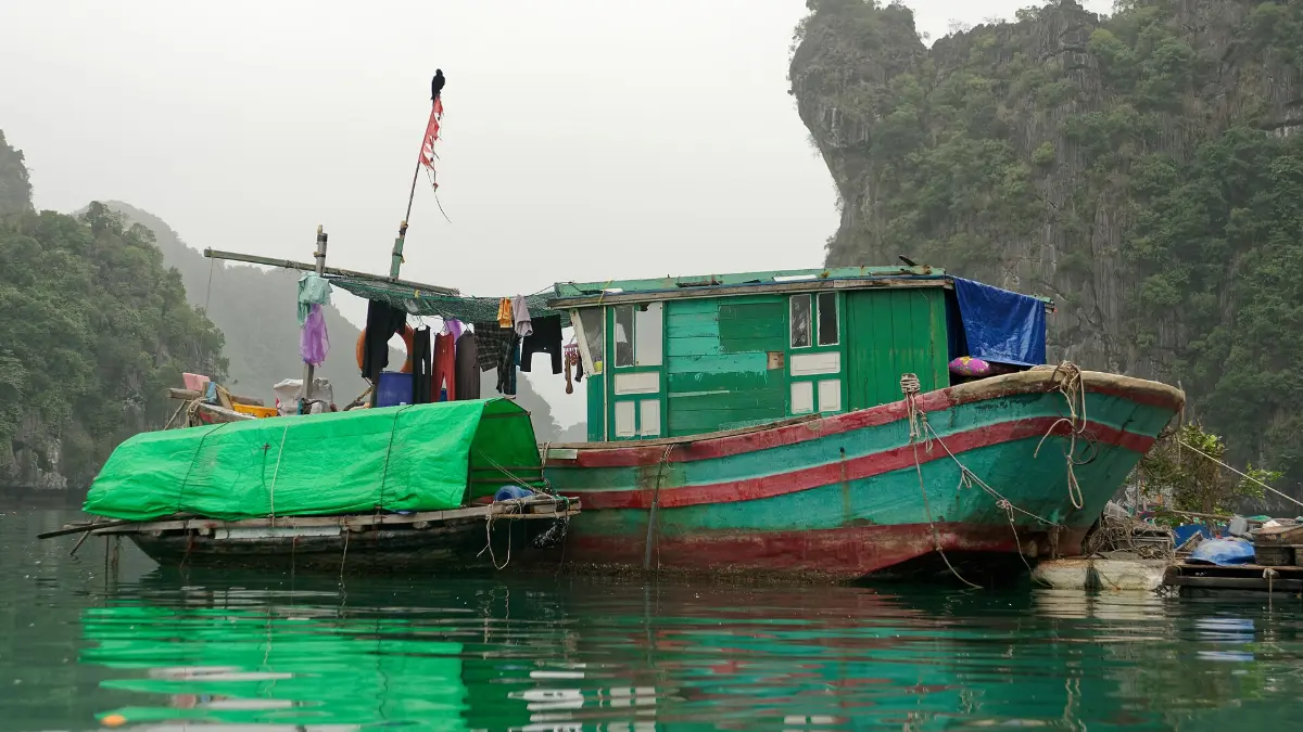 Coastal scenery of Cat Ba Island with karst hills