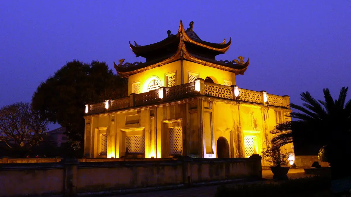 Doan Mon Gate Lit Up at Night, Thang Long Citadel Doan Mon gate illuminated at night, Imperial Citadel of Thang Long, Hanoi