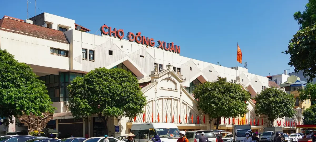 Historic facade of Dong Xuan Market in the Hanoi Old Quarter