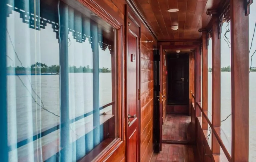 Wooden corridor with panoramic windows on the Dragon Eyes