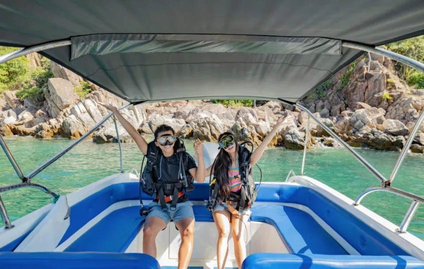 Guests in snorkel masks on the speedboat during the Emperor Cruises Legend day cruise