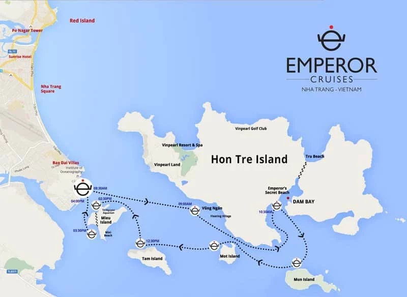 Map of the Emperor Cruises Nha Trang Discovery Day Cruise route around Hon Tre Island