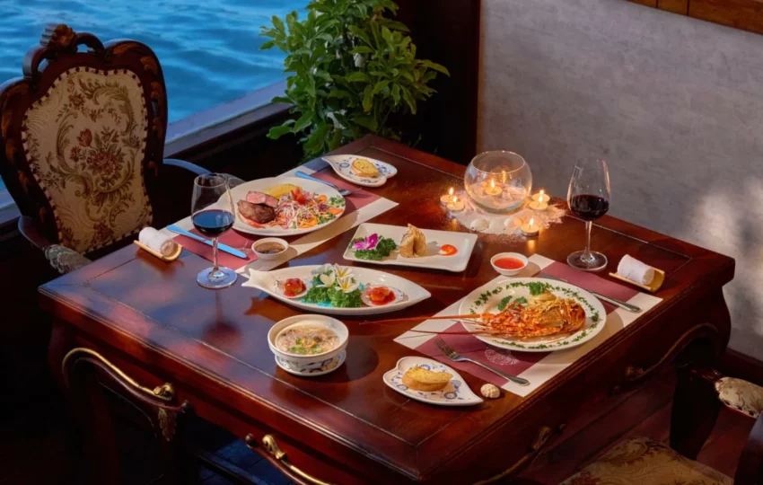 Seafood set lunch with a glass of wine served on Emperor Cruises Origin