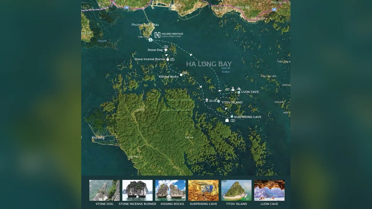 Route map of the Halong Bay day cruise: Stone Dog, Incense Burner, Kissing Rocks, Sung Sot Cave, Luon Cave and Ti Top Island