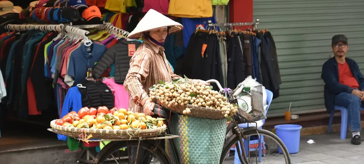 Street vendor in a conical hat selling fruit from a bicycle in the Hanoi Old Quarter