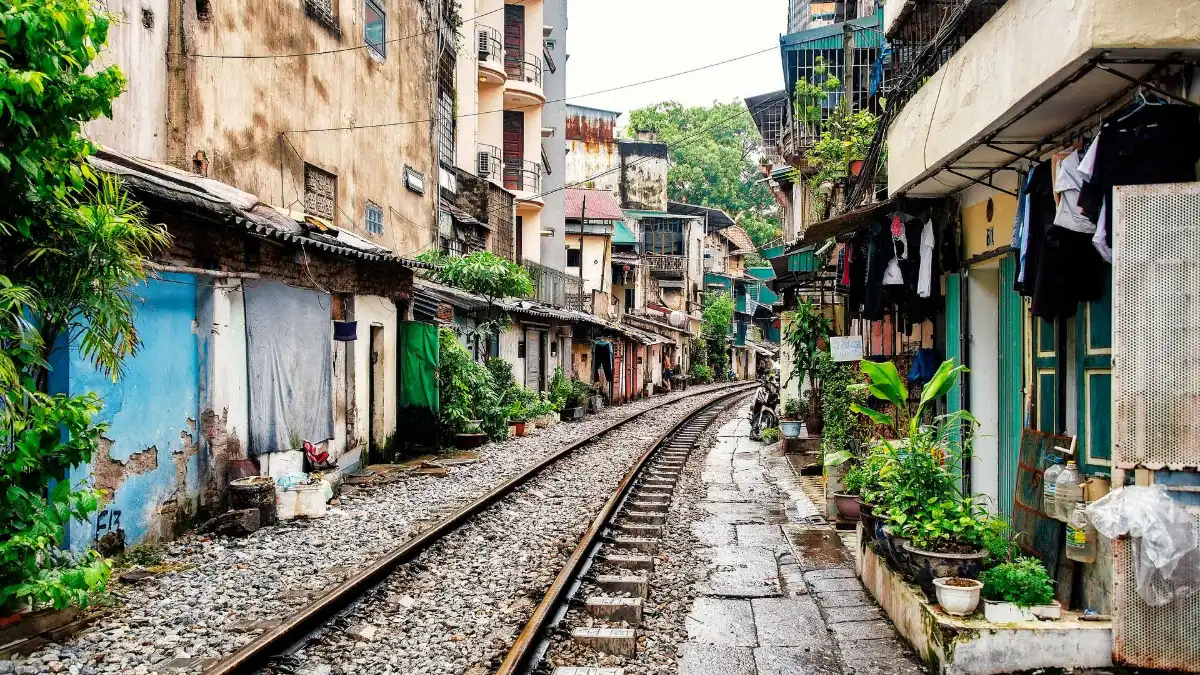 Hanoi Train Street in the Old Quarter Area Railway line running between narrow houses on Hanoi Train Street