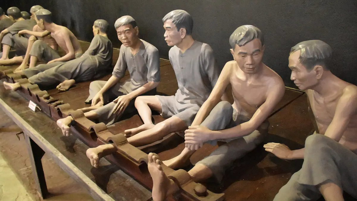 Shackled Prisoners in a Communal Cell, Hoa Lo Prison Life-size figures of shackled prisoners in a communal cell at Hoa Lo Prison museum