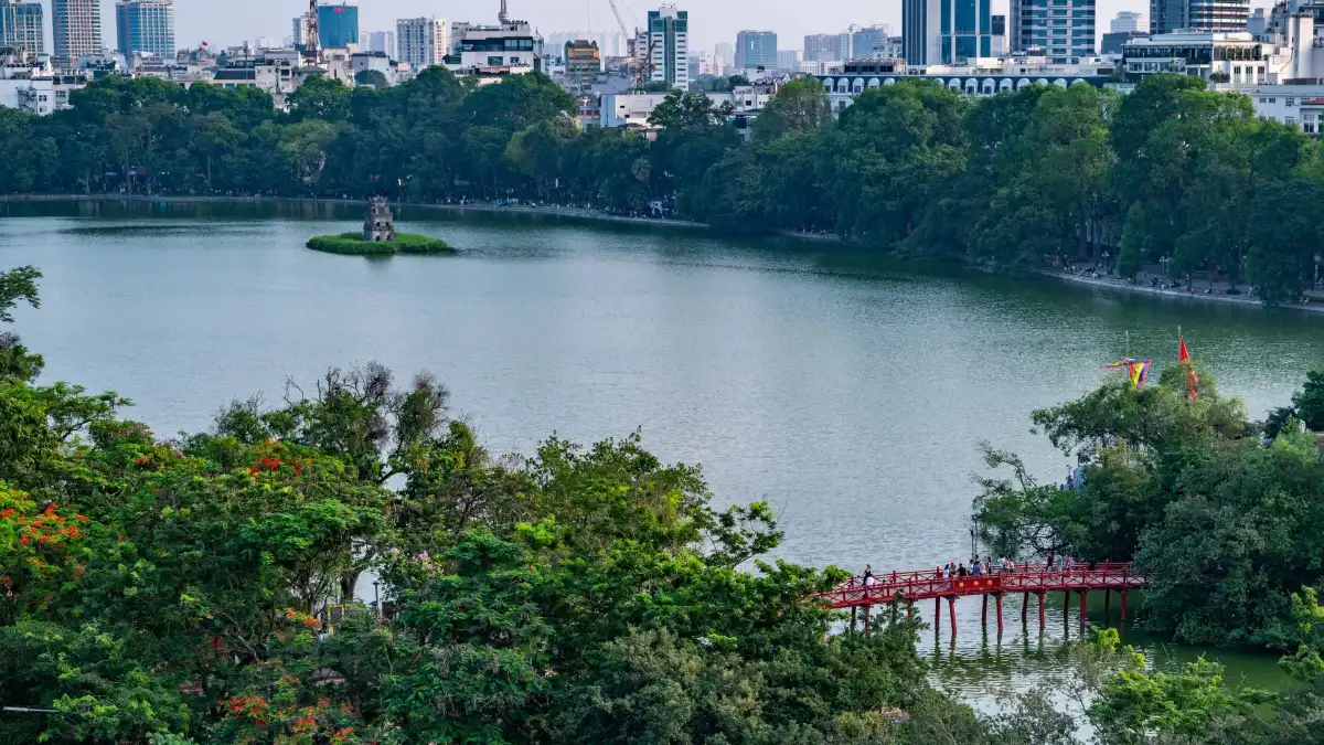 Hoan Kiem Lake Aerial View, Hanoi City Centre Aerial view of Hoan Kiem Lake with Turtle Tower and the Huc Bridge in central Hanoi