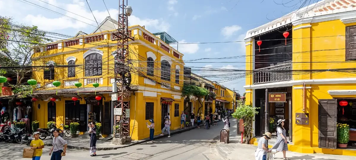 Yellow merchant houses and street in Hoi An Ancient Town, a UNESCO World Heritage Site