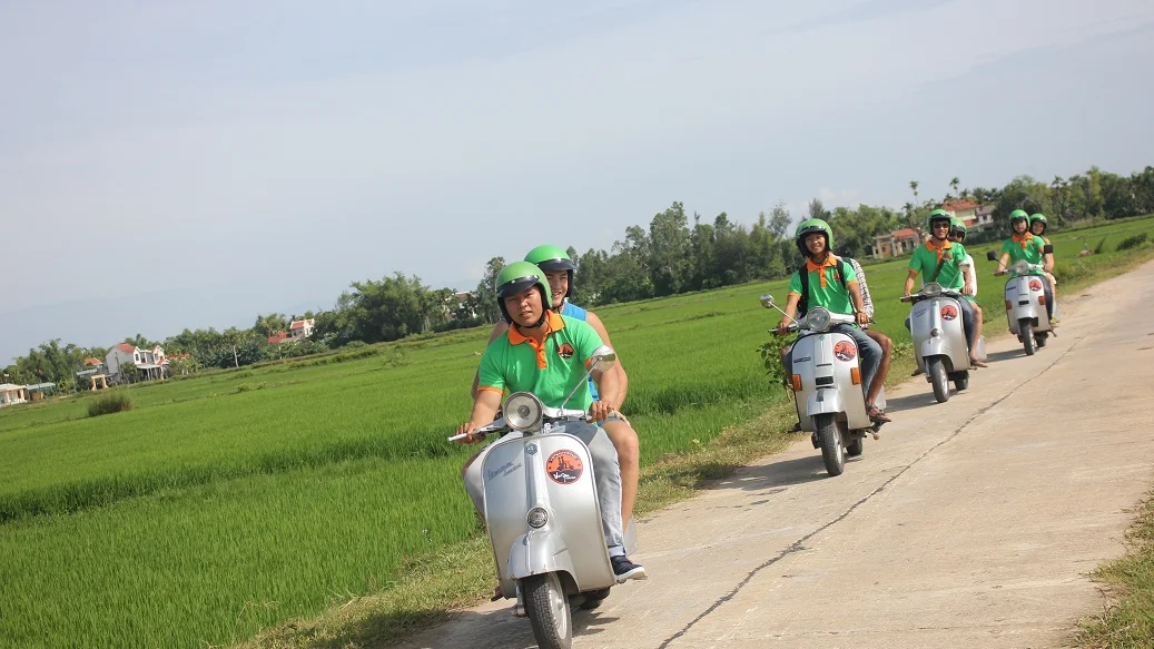 Vespas riding a country road between green rice fields near Hoi An