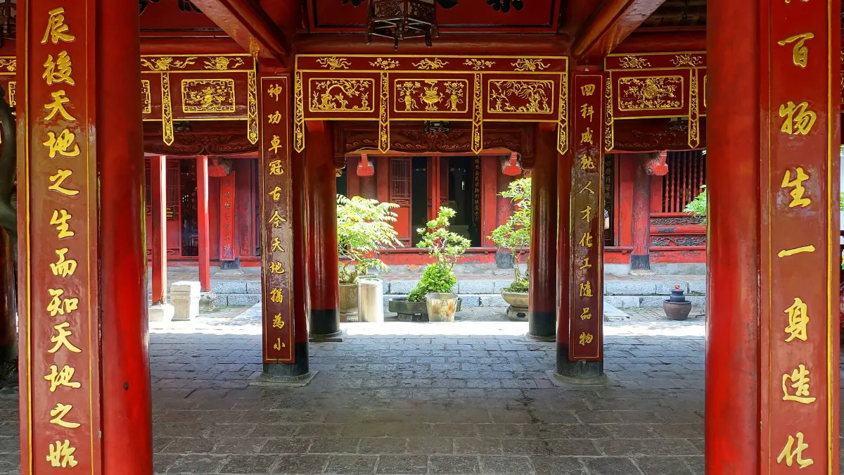 House of Ceremonies, Temple of Literature Red lacquered columns inside the House of Ceremonies at the Temple of Literature Hanoi