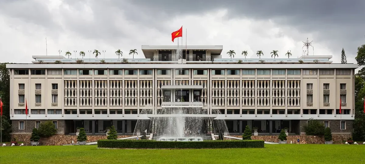 Modernist facade and lawn of the Independence Palace (Reunification Palace), Ho Chi Minh City