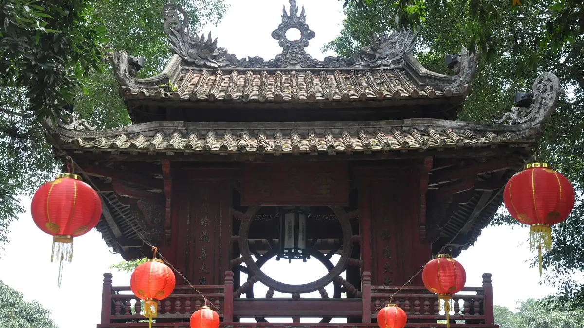 Khue Van Cac – Constellation of Literature Pavilion Khue Van Cac pavilion decorated with red lanterns at the Temple of Literature, Hanoi