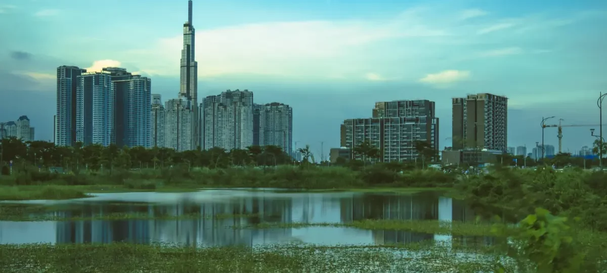 Landmark 81 skyscraper seen across the Saigon River from Thu Thiem