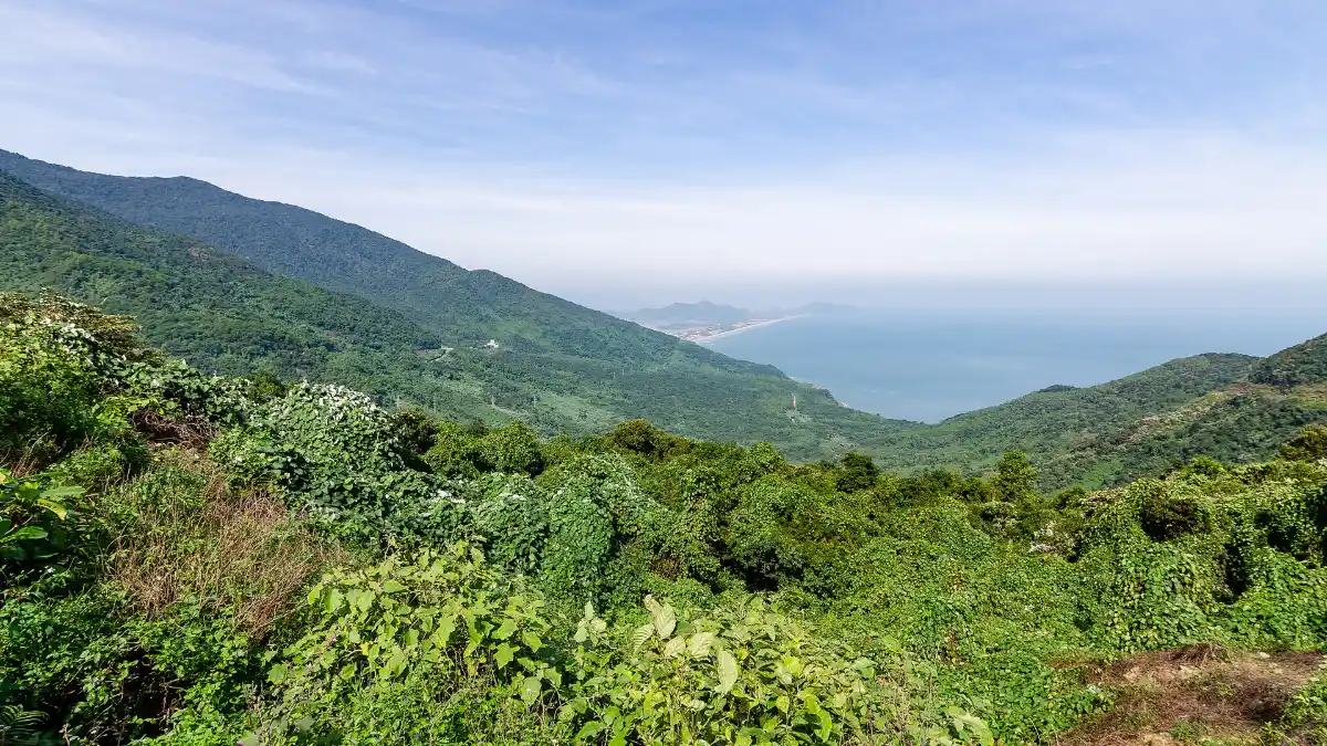 Lang Co from the Hai Van Pass Green mountains and coast at Lang Co seen from the Hai Van Pass