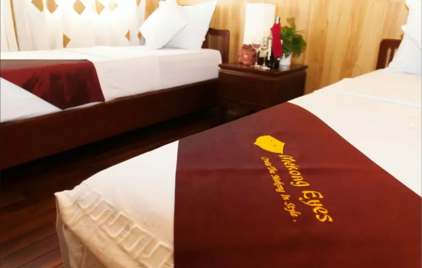 Twin cabin with panoramic river window on the Mekong Eyes Classic