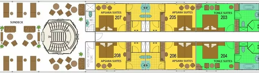 Mekong Princess deck plan: Bassac Deck with Angkor, Tonle and Apsara suites