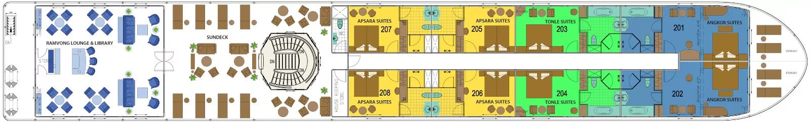 Mekong Princess deck plan: Bassac Deck with Angkor, Tonle and Apsara suites