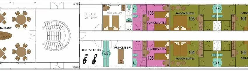 Mekong Princess deck plan: Mekong Deck with Saigon and Junior suites, restaurant, spa and gym