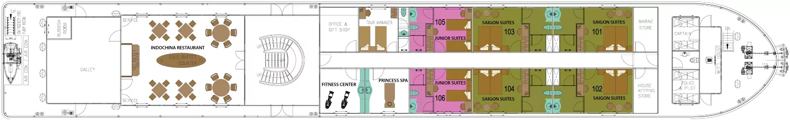 Mekong Princess deck plan: Mekong Deck with Saigon and Junior suites, restaurant, spa and gym