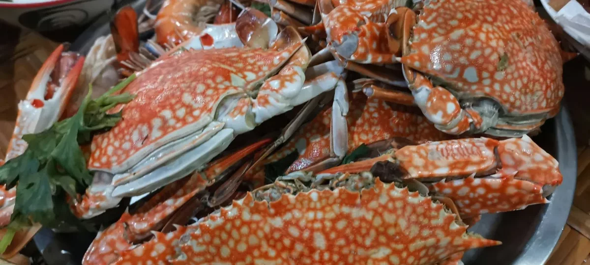 Platter of steamed blue swimming crabs, a favourite seafood dish at Mui Ne beach restaurants