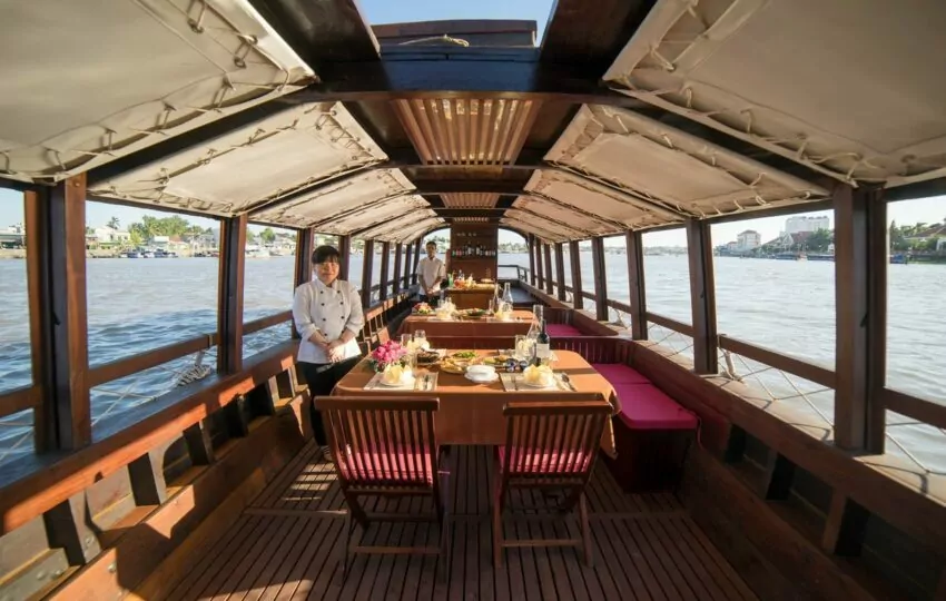 Mystic sampan ready to depart for a morning cruise in Can Tho