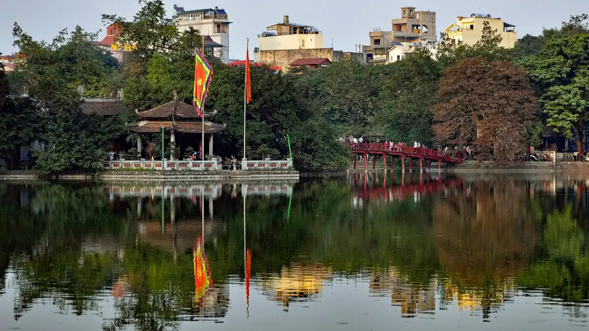 Ngoc Son Temple on Jade Island, Hoan Kiem Lake Ngoc Son Temple and the Huc Bridge reflected in Hoan Kiem Lake, Hanoi