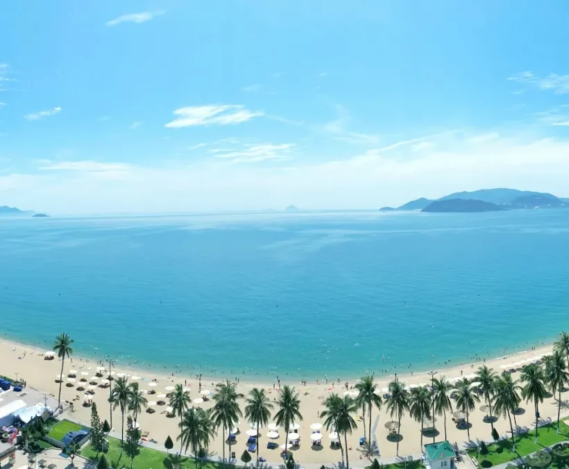 Aerial view of the palm-lined Tran Phu beachfront and turquoise Nha Trang Bay, the most popular area to stay