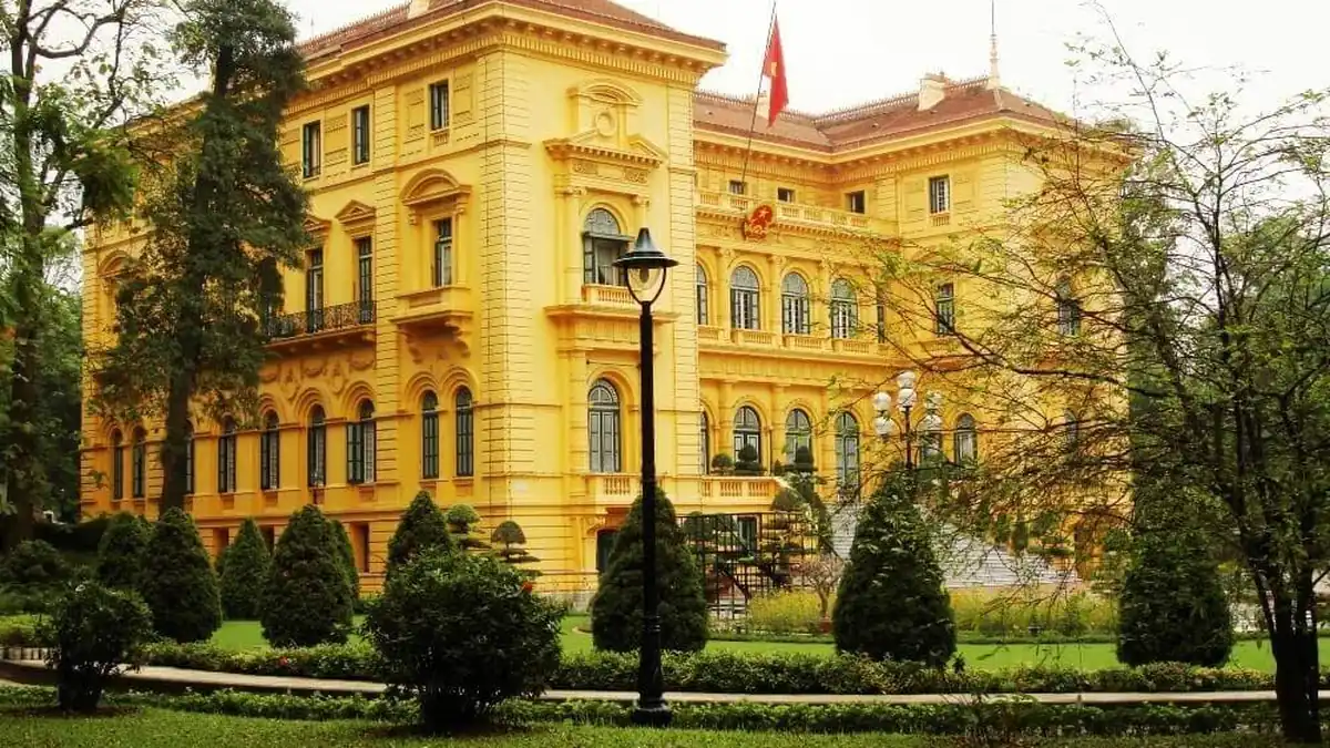 Yellow French colonial Presidential Palace in Hanoi