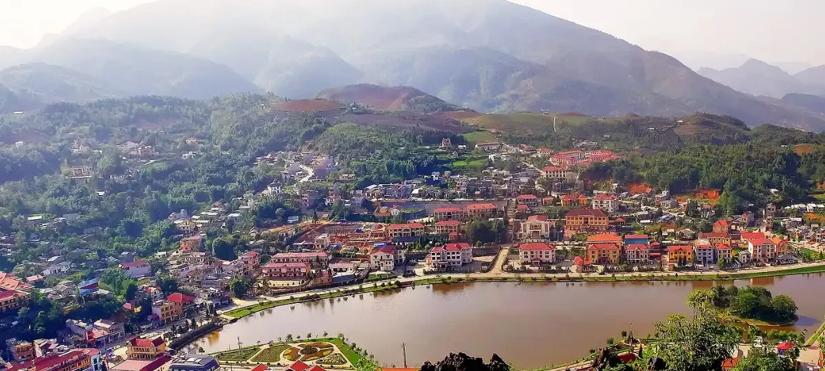 Sa Pa town and surrounding mountains seen from above