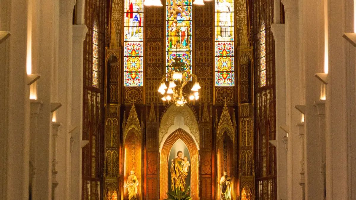 Main Altar of St Joseph's Cathedral Hanoi Gilded main altar and stained glass of St Joseph's Cathedral Hanoi