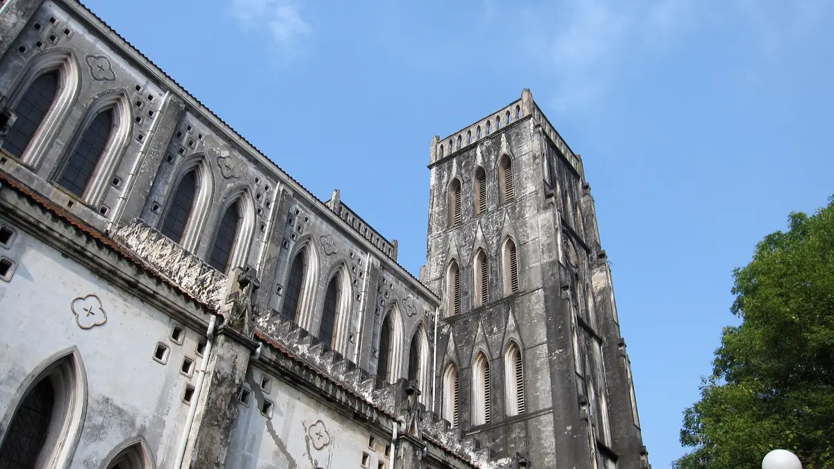 Twin Bell Towers of St Joseph's Cathedral Hanoi Side view of the twin bell towers and nave of St Joseph's Cathedral Hanoi