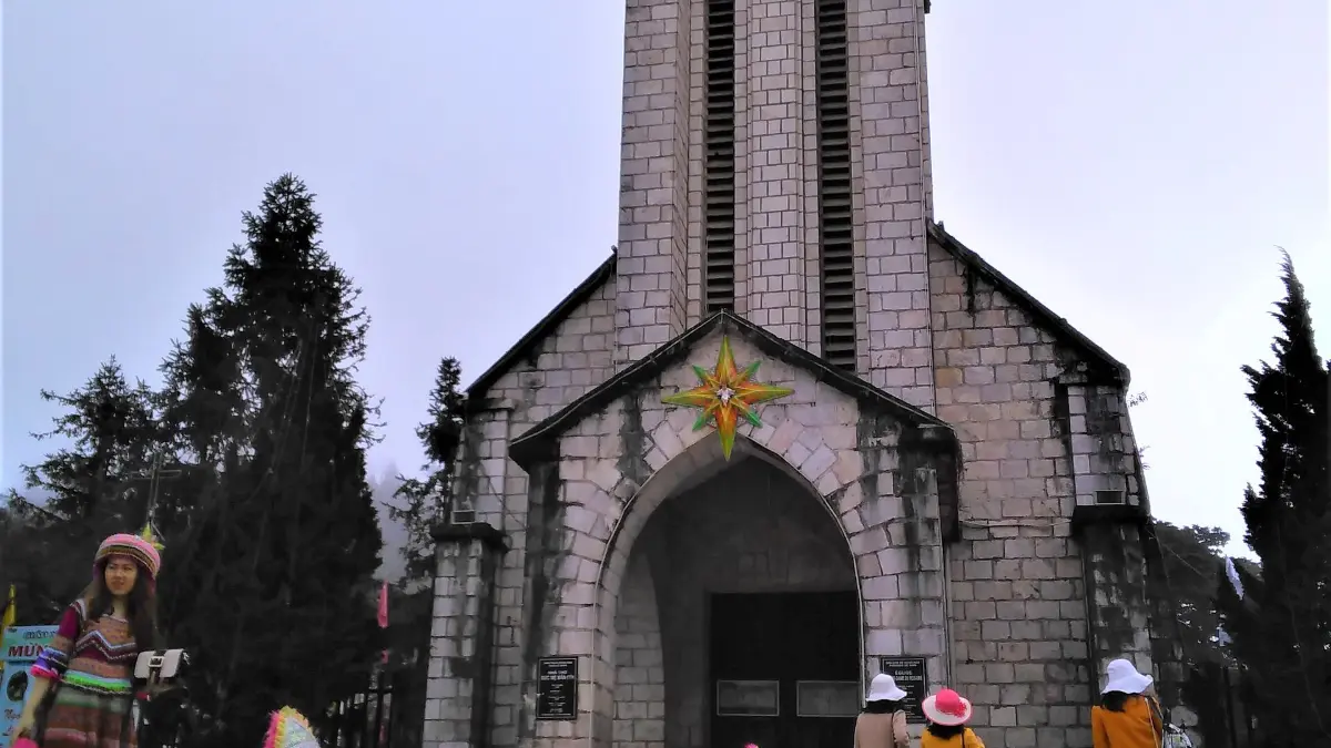 Stone Church Facade, Sapa Grey stone facade and bell tower of the Sapa Stone Church