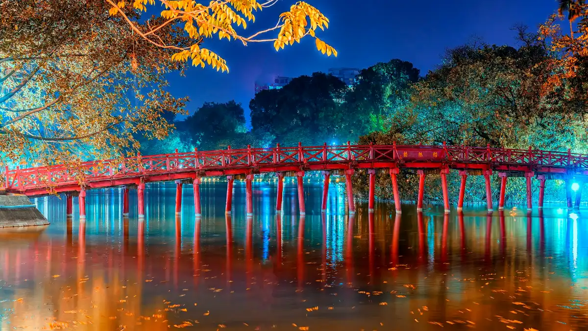 The Huc Bridge at Night, Hoan Kiem Lake