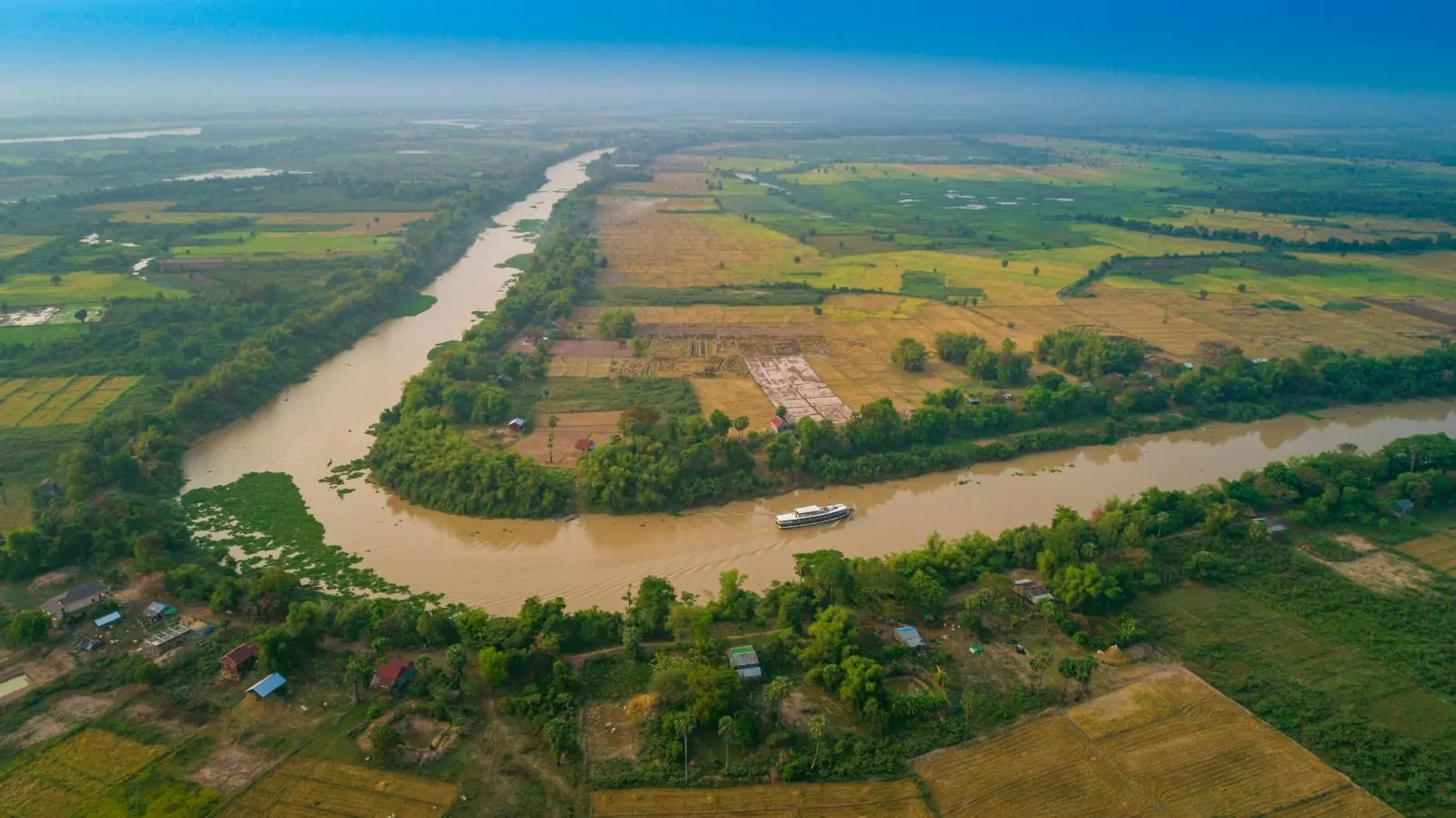 The Mekong and rice fields from above