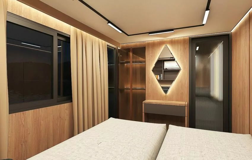 Double cabin with wood finishes and river window on the Toum Tiou I
