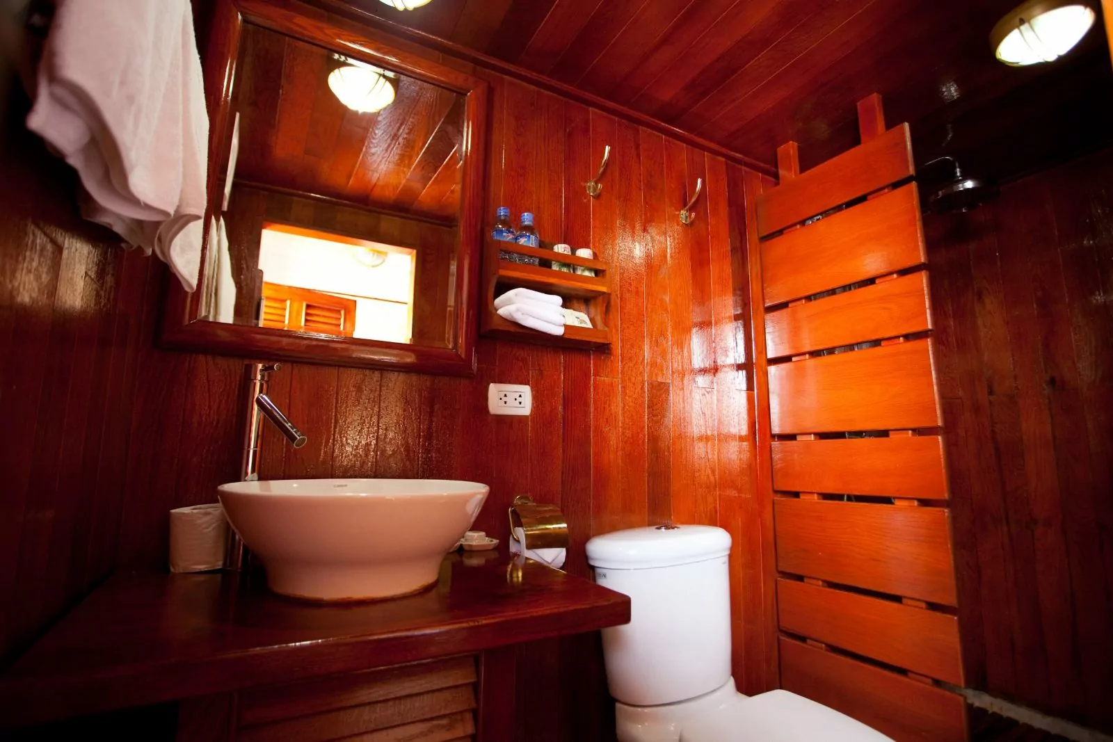 Wood-panelled bathroom with brass fittings on the Toum Tiou II