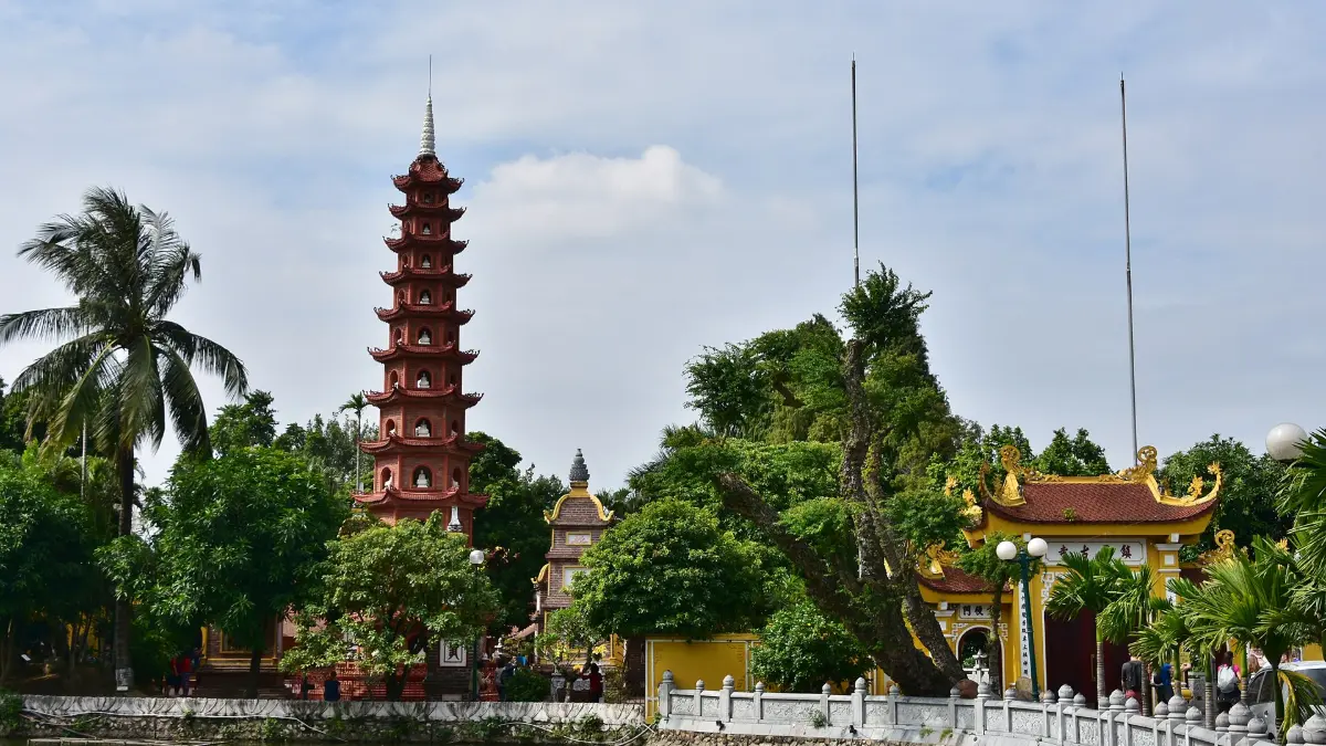 Tran Quoc Pagoda on West Lake, Hanoi Tran Quoc Pagoda and its red stupa seen across West Lake, Hanoi