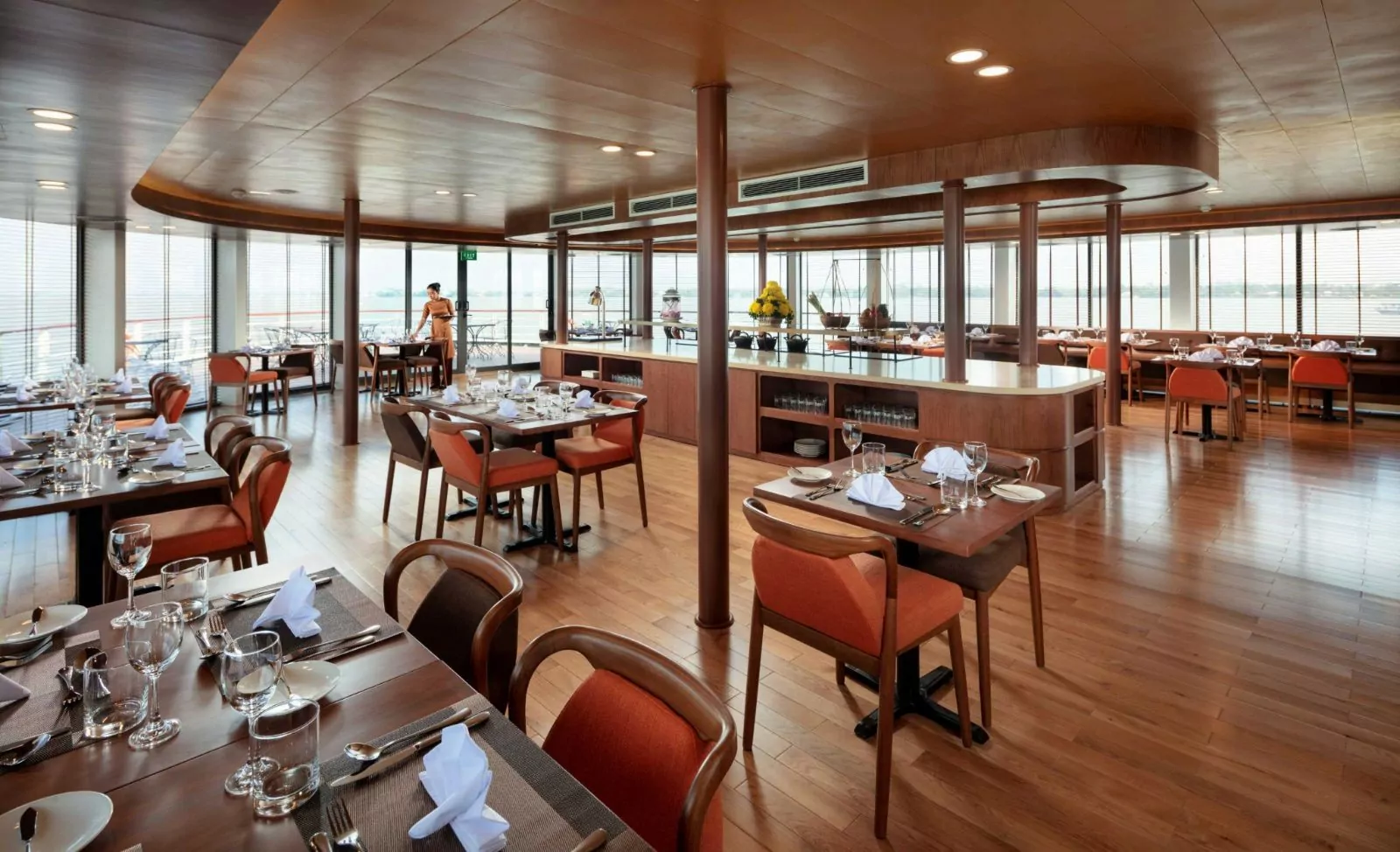 Claypot Restaurant with panoramic windows on the Panorama Deck of the Victoria Mekong