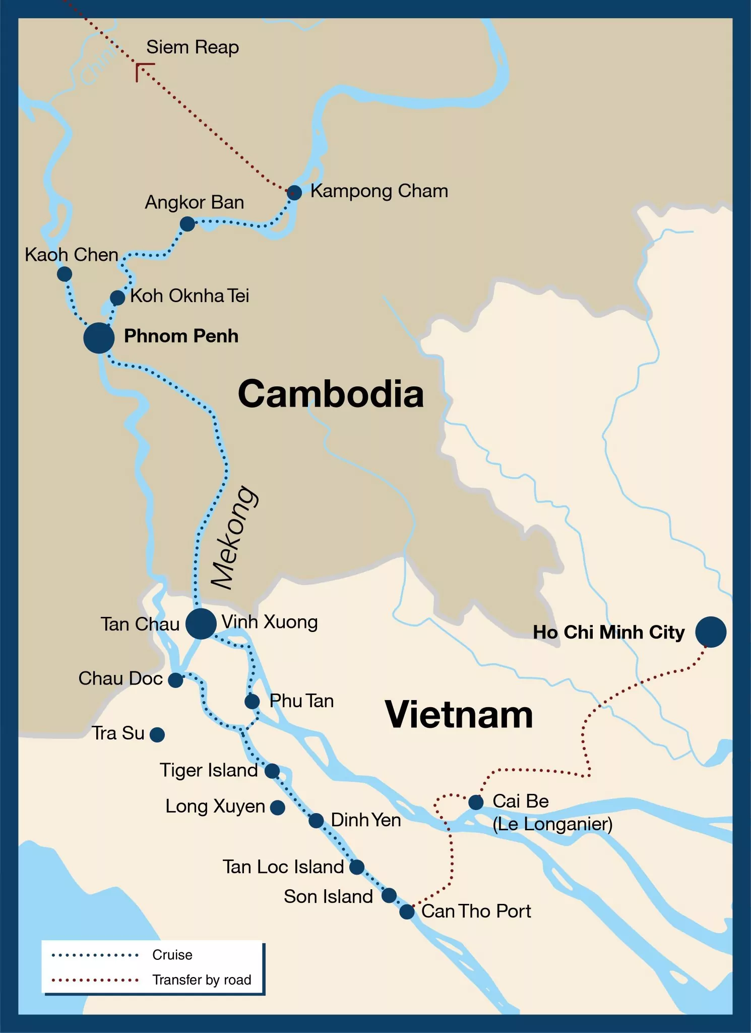 Victoria Mekong cruise route map from Ho Chi Minh City and Can Tho via Tan Chau to Phnom Penh, Cambodia