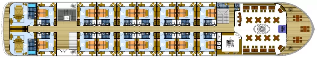 Victoria Mekong deck plan: Panorama Deck with 16 Deluxe cabins, 2 suites and Claypot Restaurant