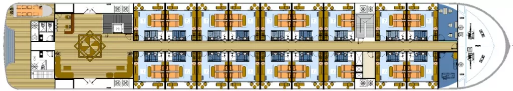 Victoria Mekong deck plan: River Deck with lobby, boutique, Green Lotus Spa and 17 Deluxe cabins