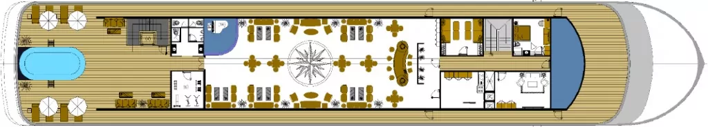 Victoria Mekong deck plan: Sun Deck with Horizon Lounge Bar, infinity pool, library, cinema and gym