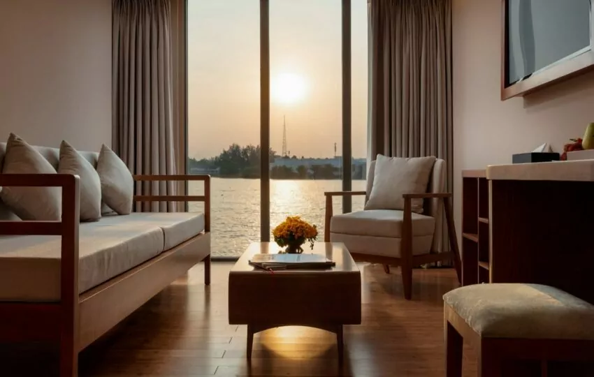 Victoria Mekong Suite living room at sunset with panoramic river windows